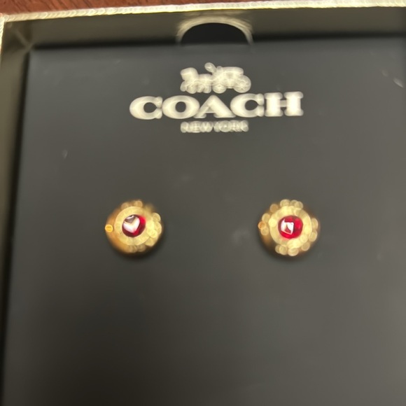 Coach Open circle Red Stone Gold Stud Pieced Earring In Logo w/ Gift Box - Picture 5 of 10